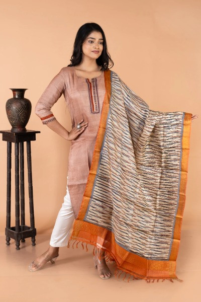 Orange and Blue Printed Tussar Dupatta (Dupatta Only) -Ramdhanu