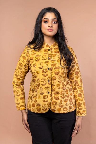 Golden and Brown Ajrak Full Sleeves Jacket -Ramdhanu