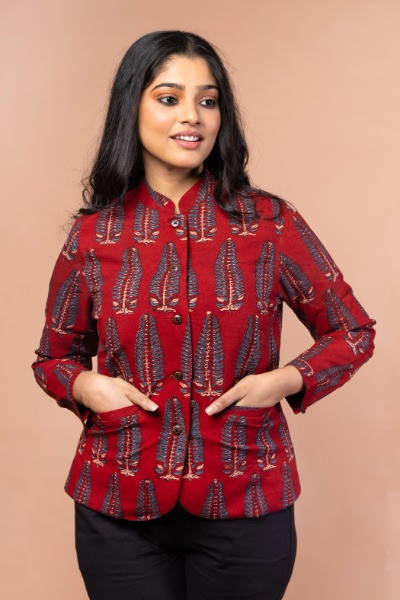 Red Ajrak Full Sleeves Jacket -Ramdhanu