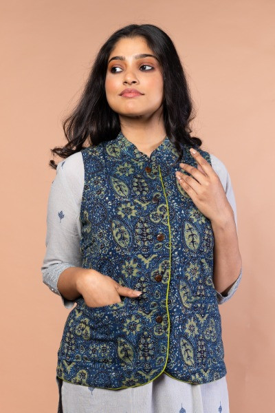 INDIGO AJRAKH SLEEVELESS JACKET -Ramdhanu