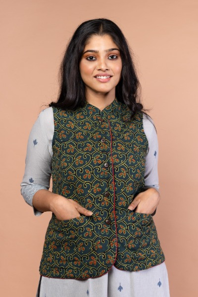 GREEN AJRAK SLEEVELESS JACKET -Ramdhanu