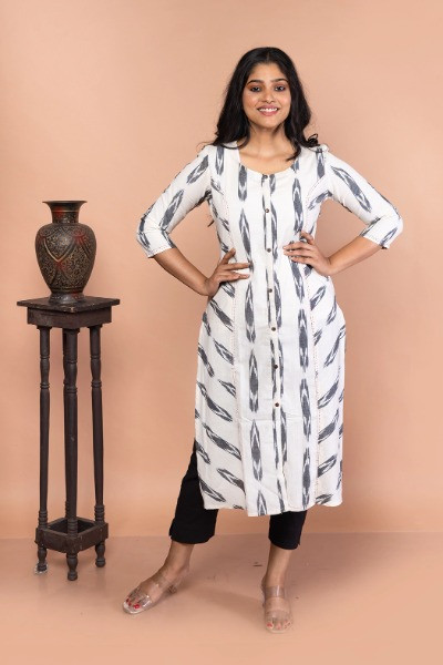 WHITE IKKAT PRINCEES KOLI KURTA -Ramdhanu