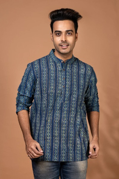 Ajrakh Hand Block Printed Cotton Short Kurta for Men -Ramdhanu