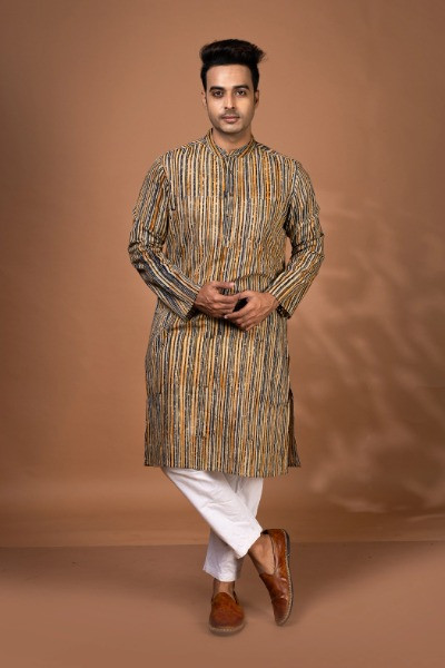 Bagru Hand Block Printed Multi Colour lines Mens Long Kurta -Ramdhanu