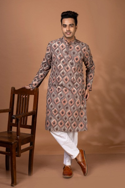 Bagru Hand Block Printed Mens Long Kurta -Ramdhanu