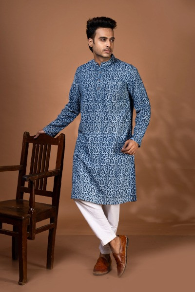 Indigo Hand Block Printed Mens Long Kurta -Ramdhanu