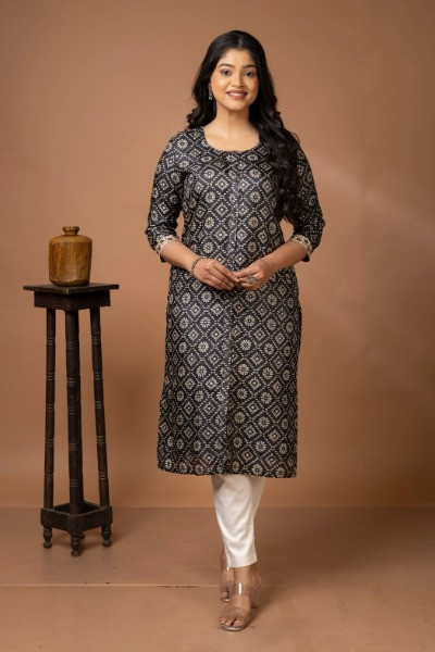 BLACK HAND BLOCK PRINTED TUSSAR KURTA -Ramdhanu