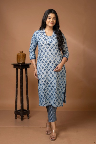 Indigo Hand Block printed Kimono Neck Cotton Kurta Extended -Ramdhanu