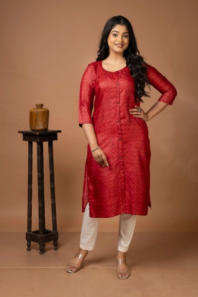 RED HAND BLOCK PRINTED TUSSAR KURTA -Ramdhanu