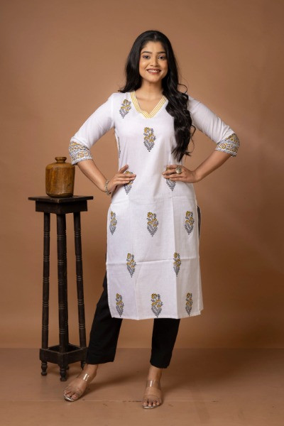 White Block Printed Kurti -Ramdhanu