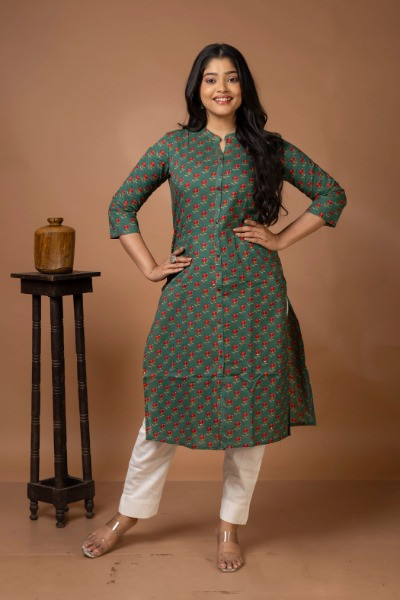 Green Base with Pink Buta Cotton Kurta Extended -Ramdhanu