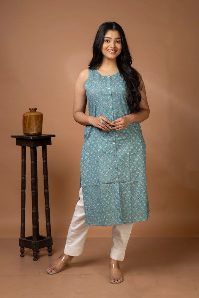 Beautiful Green Printed Sleeveless Cotton Kurta -Ramdhanu