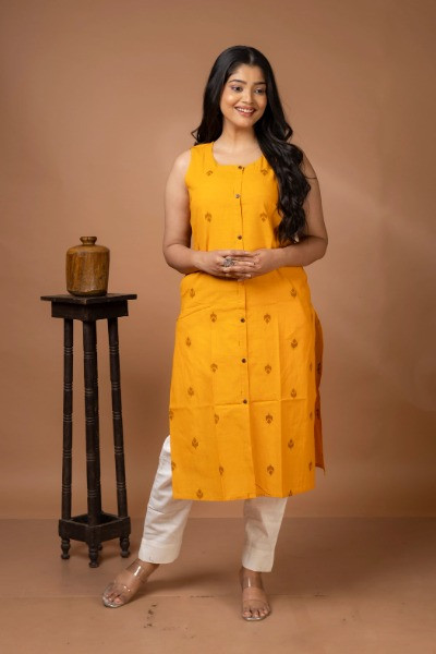 Yellow Handloom Cotton Sleeveless Kurta Extended -Ramdhanu