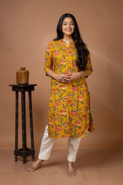 Yellow Floral Printed Cotton Kurta Eetended -Ramdhanu