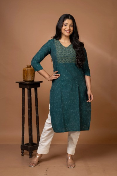 Green Ikkat kurti with Angrakha Yoke -Ramdhanu