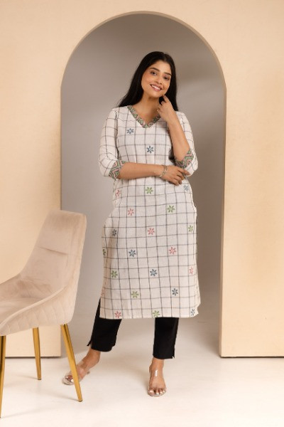 White Block Printed Cotton Kurta Extended -Ramdhanu